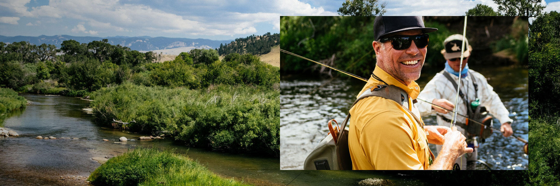 Banner showcasing a fisherman engaged in recreational fishing in a serene watercourse, embodying Roark's spirit of adventure and outdoor recreation